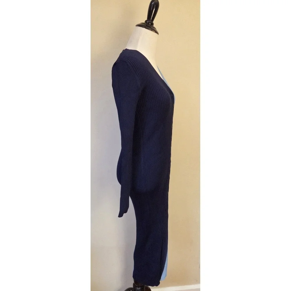 STAUD Shoko Navy Lt Blue Colorblock Ribbed Knit Buttondown Midi Sweater Dress S - Picture 5 of 12